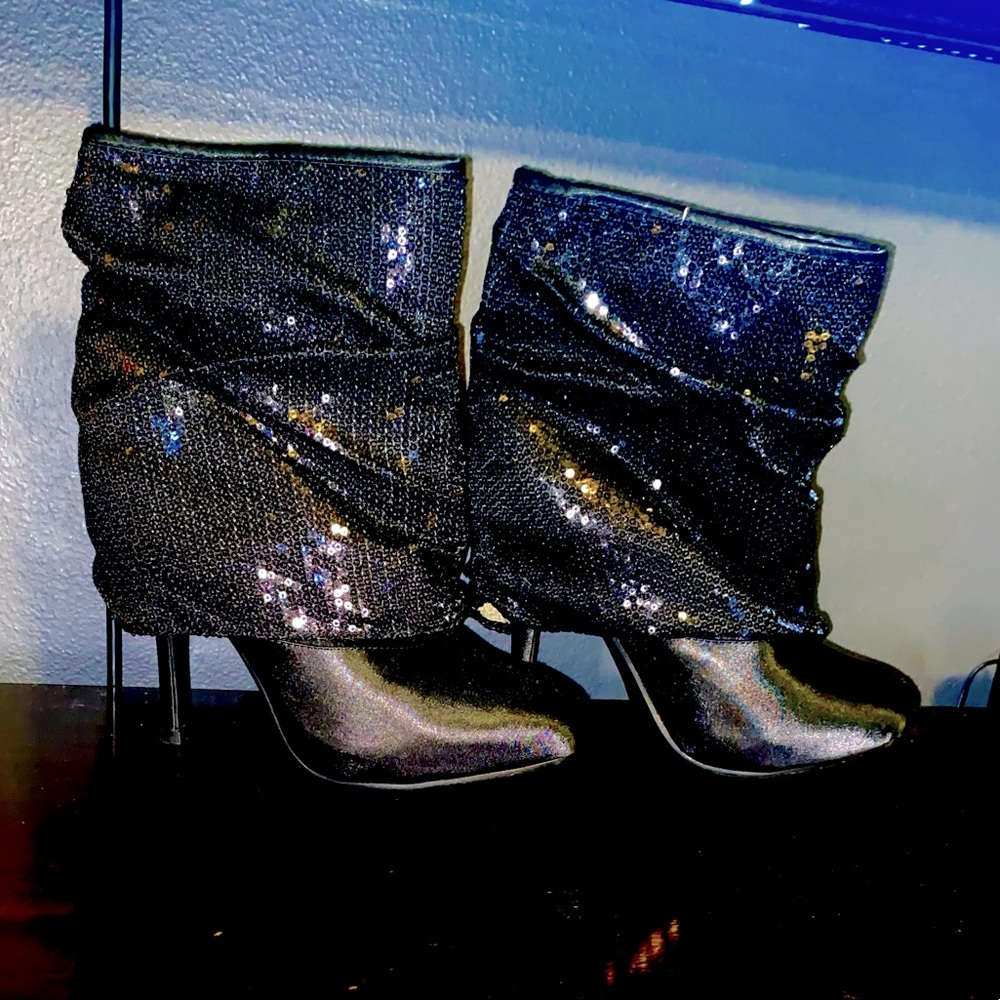 Unique Vintage Satiny Black Boots with Sequin Foldover Top